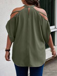 Calvaya Plus Size Solid Color Open Shoulder Casual Daily Wear Summer Shirt St Patrick Day - Army Green - View 2