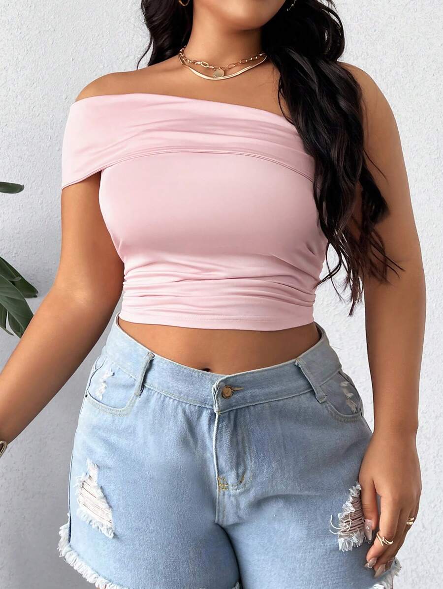Calvaya Sommerliche Damen Große Größen einfarbige One-Shoulder-Crop-Slim-Top mit Falten