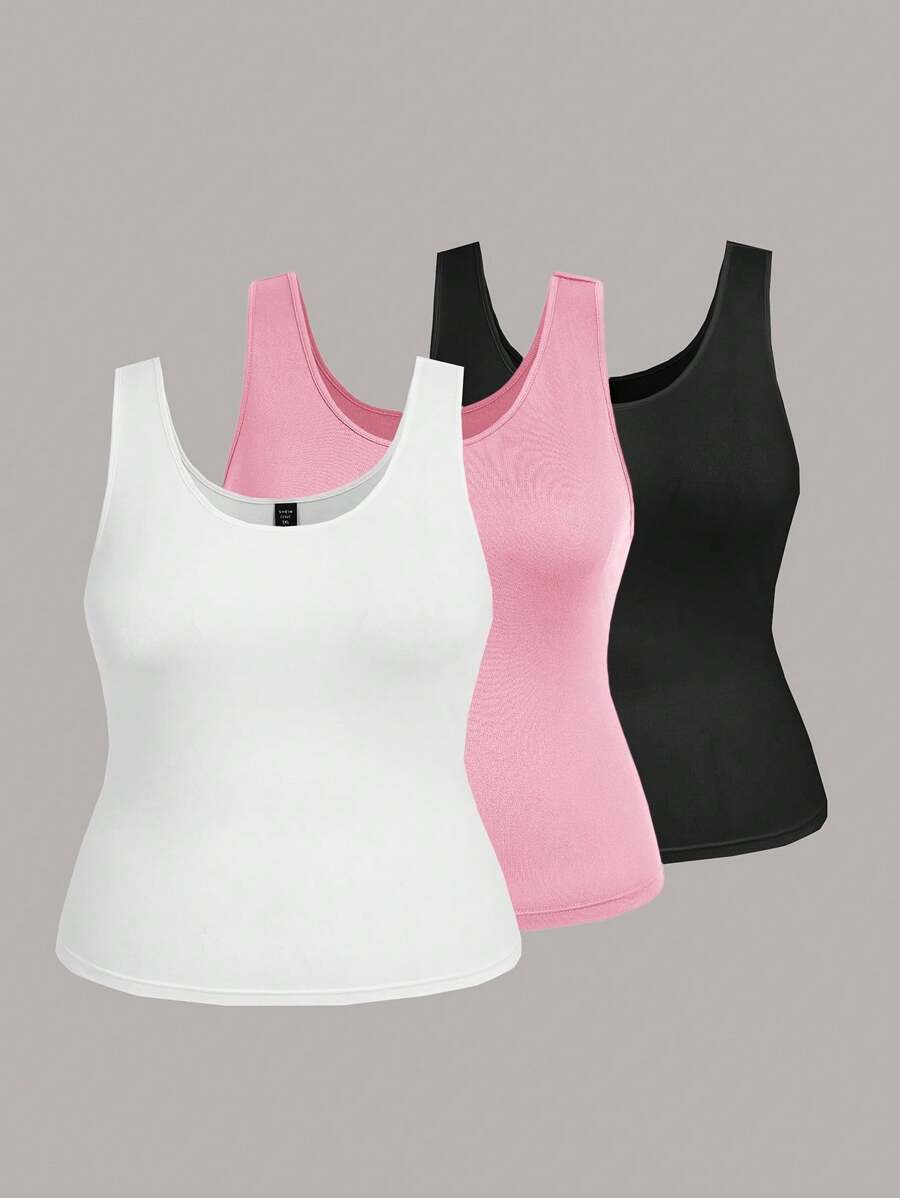 SHEIN LUNE 3 chiếc áo hai dây cổ tròn bó sát đa năng cỡ lớn dành cho nữ, thích hợp cho mùa hè - Nhiều màu - Xem 1