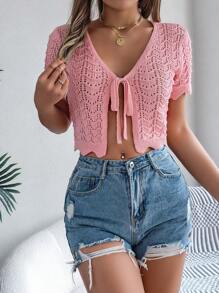 Cárdigan de punto calado de manga corta con lazo en unicolor Primavera/verano, top corto para vacaciones - Rosa - Ver 3