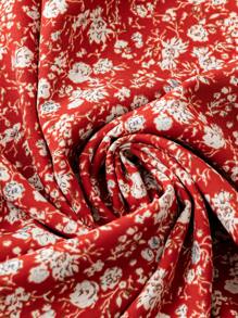 SHEIN LUNE Große Größen Boho Frauen Sommer Urlaub lose Blumen bedrucktes Hemd mit Ausschnitt und Kurzarm, Peplum Oberteil für Neujahr - Rot - Übersicht 4