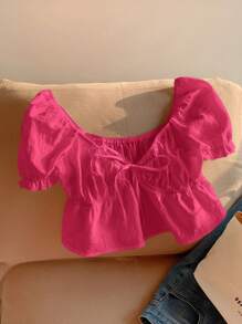 Comfortcana 素色簡約編織女士綁帶前短上衣 - 玫紅色 - 查看 3