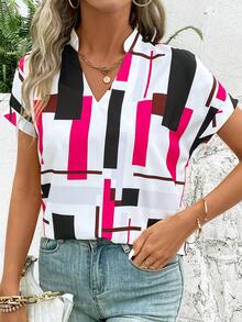 SHEIN LUNE Women V-Neck Short Sleeve Wide Batwing Sleeve Printed Blouse - Hot Pink - View 3