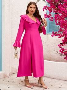 SHEIN Clasi Fashionable Plus Size Women Lotus Collar Side Slit Dress - Hot Pink - View 6