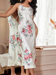 Women's Holiday Style Sexy Pajama Night Dress With Floral Pattern Long Dress - White - View 3