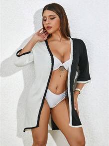 SHEIN Swim جاكيت وغطاء أمامي مفتوح أزرق وأبيض 5/ 4 أكمام مميز للصيف - أبيض وأسود - مشاهدة 4