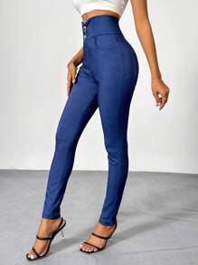 SHEIN Privé Women's Daily Elegant Basic Simple High-Waisted Skinny Jeans With Denim Effect Pockets And Button Detail
