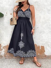 SHEIN VCAY Plus Size Retro Printed Black Butterfly Splicing Dress With Straps, Perfect For Vacation - Black - View 4