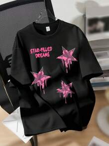 SHEIN Camiseta negra oversize de manga corta con estampado de estrella para niñas adolescentes, casual y cómoda para el verano - Negro - Ver 1