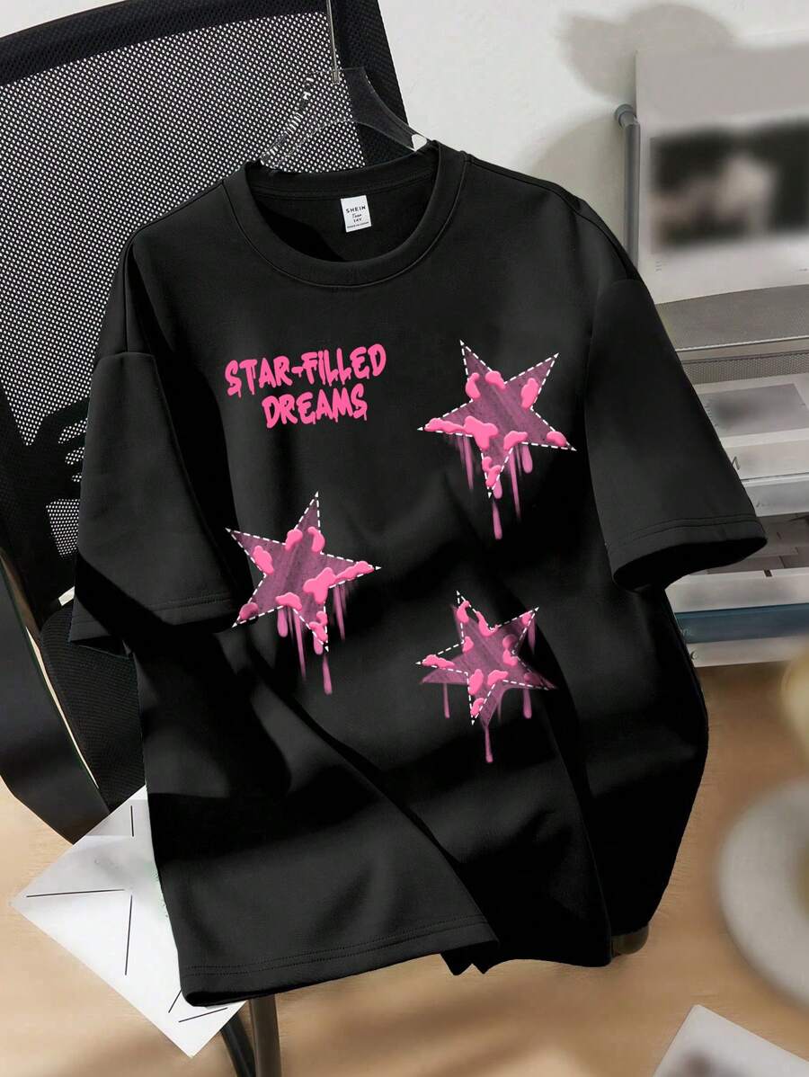 SHEIN Camiseta negra oversize de manga corta con estampado de estrella para niñas adolescentes, casual y cómoda para el verano - Negro - Ver 1