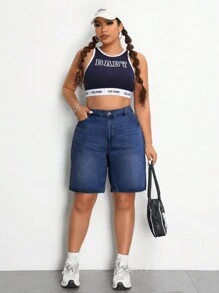 SHEIN EZwear Plus Size Women's Solid Color Simple Style Casual Denim Shorts - Dark Wash - View 4