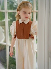 SHEIN 年轻女孩拼色编织立领连体裤，泡泡袖，二合一设计 - 米色 - 查看 6