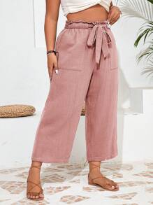 SHEIN Frenchy Damen Große Größen Hose aus Baumwoll-Musselin in einfarbigem Design mit Falten und elastischem Bund und großen Taschen, Caprihose - Pink - Übersicht 6