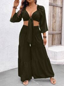 SHEIN Clasi 2 Stücke Set für Damen in Große Größen, bestehend aus einem verkürzten Top mit Sweetheart-Ausschnitt und weiten Hosen mit geradem Bein in einfarbigem Stil, locker geschnitten, ideal für Frühling/Sommer - Armeegrün - Übersicht 4