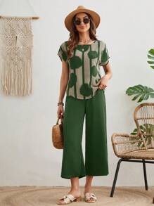 EMERY ROSE 女士纯色圆领短袖上衣和长裤夏季休闲度假装夏装套装两件套外出套装 - 綠色 - 查看 5