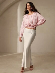 Anewsta Women's Spring/Summer Solid Color Loose Elegant Blouse With 3D Flower Decoration And Batwing Sleeves