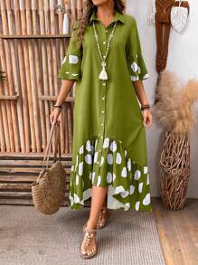 EMERY ROSE Women's Vacation Casual Polka Dot Printed Patchwork Front Button Dress Maxi Women Outfit - Green - View 5