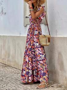 Breezaya Robe d'été à col V, manches volantées et imprimé intégral pour femmes