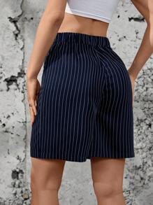 SHEIN Essnce Street-Style Ladies' Casual Elastic Waist Side Zipper Striped Shorts