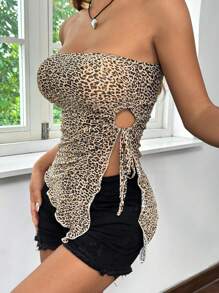 SHEIN EZwear 90年代豹紋摺疊束腰不對稱下擺短款上衣，夏季緊身款 - 彩色 - 查看 6