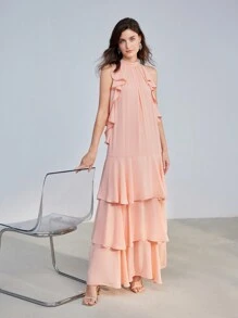 MOTF PREMIUM VESTIDO DE DOBLADILLO EN CAPAS CON VOLANTES SÓLIDOS - Rosa - Ver 4