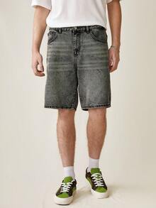 Manfinity Hypemode Quần Short Denim Bermuda dáng rộng có khóa kéo dành cho nam, cạp trễ - Xám - Xem 4