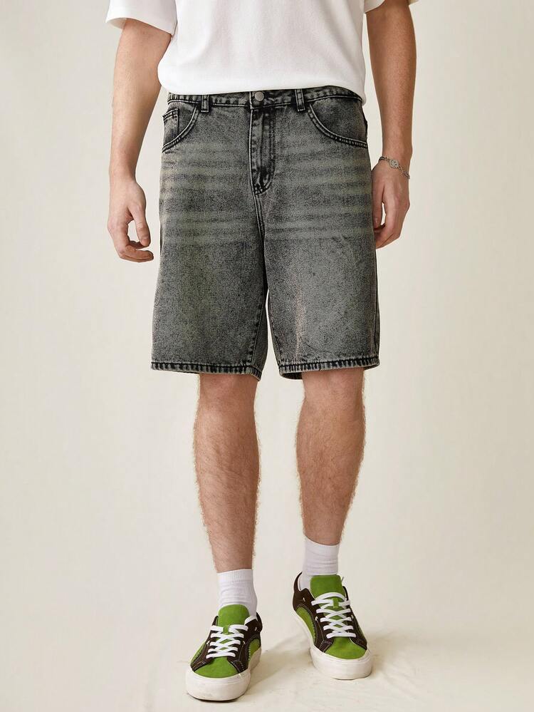 Manfinity Hypemode Quần Short Denim Bermuda dáng rộng có khóa kéo dành cho nam, cạp trễ - Xám - Xem 4