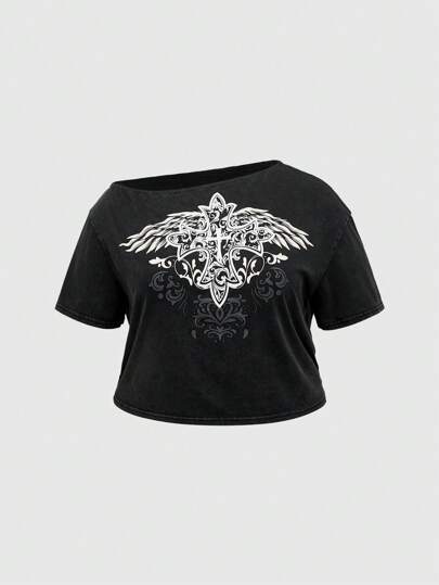 Fairycore Plus Size Loose Oblique-Shoulder Wing Print Top