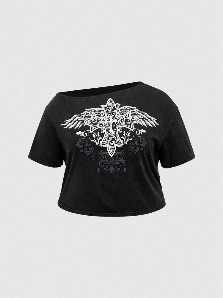 Plus Size Loose Oblique-Shoulder Wing Print Top