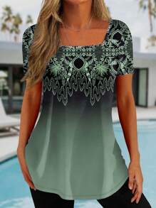 轻盈优雅几何印花方领短袖 T 恤，适合女士，适合户外、旅行、办公室、夏季的百搭休闲装