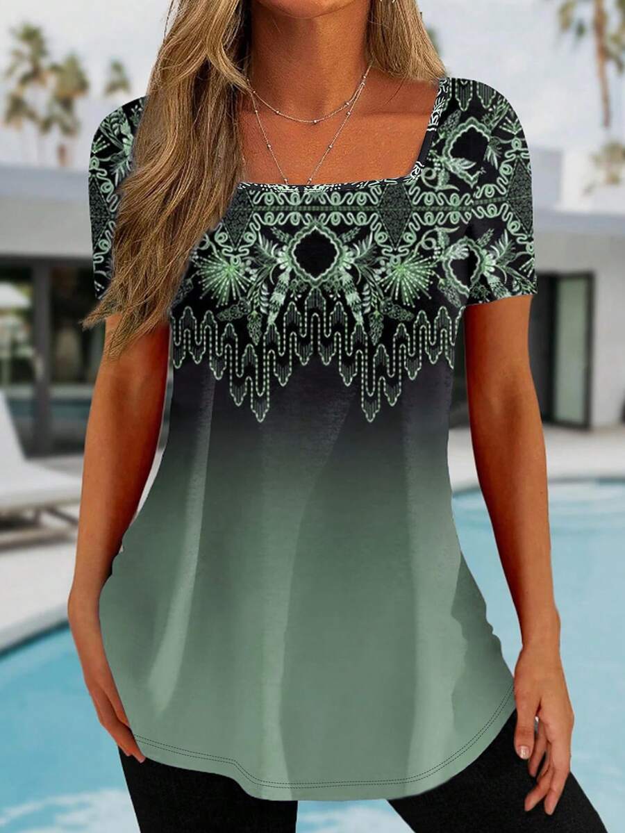 轻盈优雅几何印花方领短袖 T 恤，适合女士，适合户外、旅行、办公室、夏季的百搭休闲装