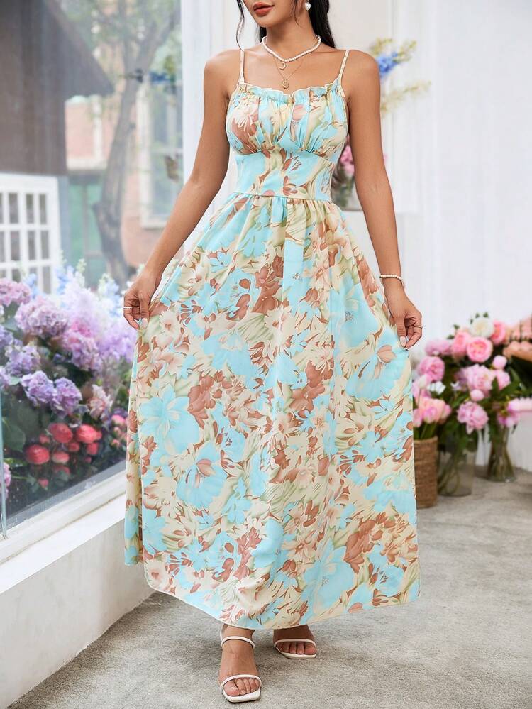 Women's Spring/Summer Set: Solid Color Long Sleeve Top With Front Tie And Floral Print Spaghetti Strap Dress, Ideal For Vacation