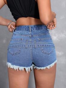 SHEIN EZwear 女式時尚心形印花無袖牛仔短褲 - 藍色 - 查看 2