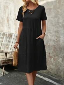 EMERY ROSE Women's Spring Round Neck Short-Sleeve Dress With Pockets And Doll Pattern