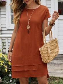 EMERY ROSE 女士夏季多層條圓領短袖連衣裙 - 鏽棕色 - 查看 7