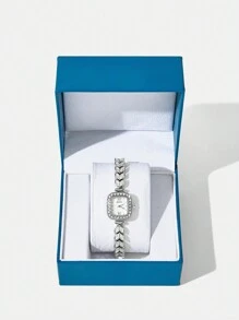 MOTF PREMIUM 女士方形錶盤石英錶,設有銀色鑽石手鏈 - 銀色 - 查看 2