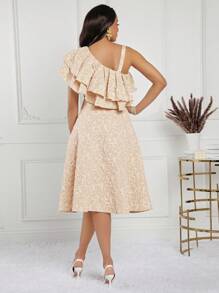 SHEIN Lady 女士不對稱肩褶邊中長禮服，夏季婚宴賓客服裝 - 杏色 - 查看 2