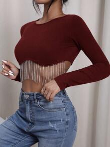 EURMUSE Rhinestone Fringe Hem Crop Sweater - Brown - View 5