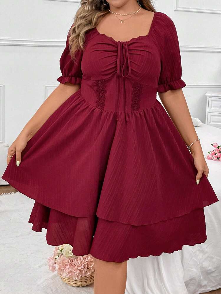 Plus Size Women's Fashionable And Romantic Lace Drawstring Dress For Vacation