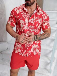 Manfinity RSRT Men's Floral Print Short Sleeve Shirt And Solid Color Shorts Set, Vacation Casual Clothes - Multicolor - View 4