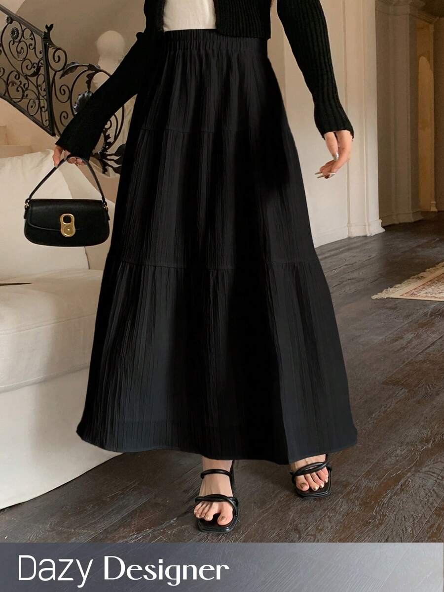 Dazy Designer Women's Black Textured Skirt For Summer,Ruffle