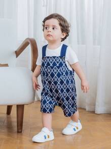 SHEIN Cute Baby Boy/Girl College Style Navy Blue Summer T-Shirt & Jumpsuit Set,Letter Pattern For Family Matching,Birthday Party,Wedding,Baptism Outfit - Multicolor - View 5