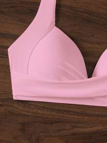 SHEIN Swim 純色露肩頸比基尼上衣，適用於海灘假期 - 淺粉色 - 查看 3
