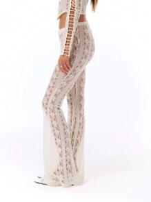 MUSERA 薄纱蕾丝喇叭裤夏季镂空裤波西米亚风可爱度假优雅休闲风 - 白色 - 查看 4