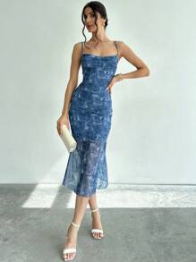 Firerie Elegante vestido de malla con cuello de tirantes, ajuste delgado y estampado floral para mujer, ideal para vacaciones y citas