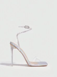 CUCCOO SZL Woman Shoes Glamorous Silvery High Heels Rhinestone Decor Clear Strap PVC Open Toe Ankle Strap Stiletto Heeled Sandals For Spring And Summer Vacation Shoes Summer Sexy Party Baddie Chic Gorgeous Style Halloween - Silver - View 3
