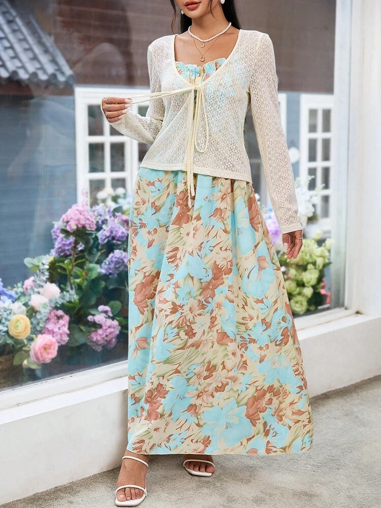 Women's Spring/Summer Set: Solid Color Long Sleeve Top With Front Tie And Floral Print Spaghetti Strap Dress, Ideal For Vacation