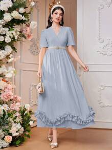 Modelyn Women's V-Neck Casual Short Sleeve Arabic Style Dress With Ruffle Hem For Summer Long Evening Dresses - Blue - View 1
