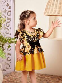SHEIN Baby Girls' Spring Summer New Paisley Print Cap Sleeve Dress With Bow, Cute Elegant Gorgeous Daily Casual Dress