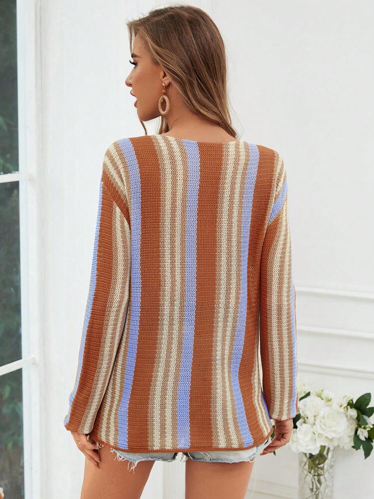Color Block Stripe Printed Asymmetric Collar Long Sleeve Knitted Top